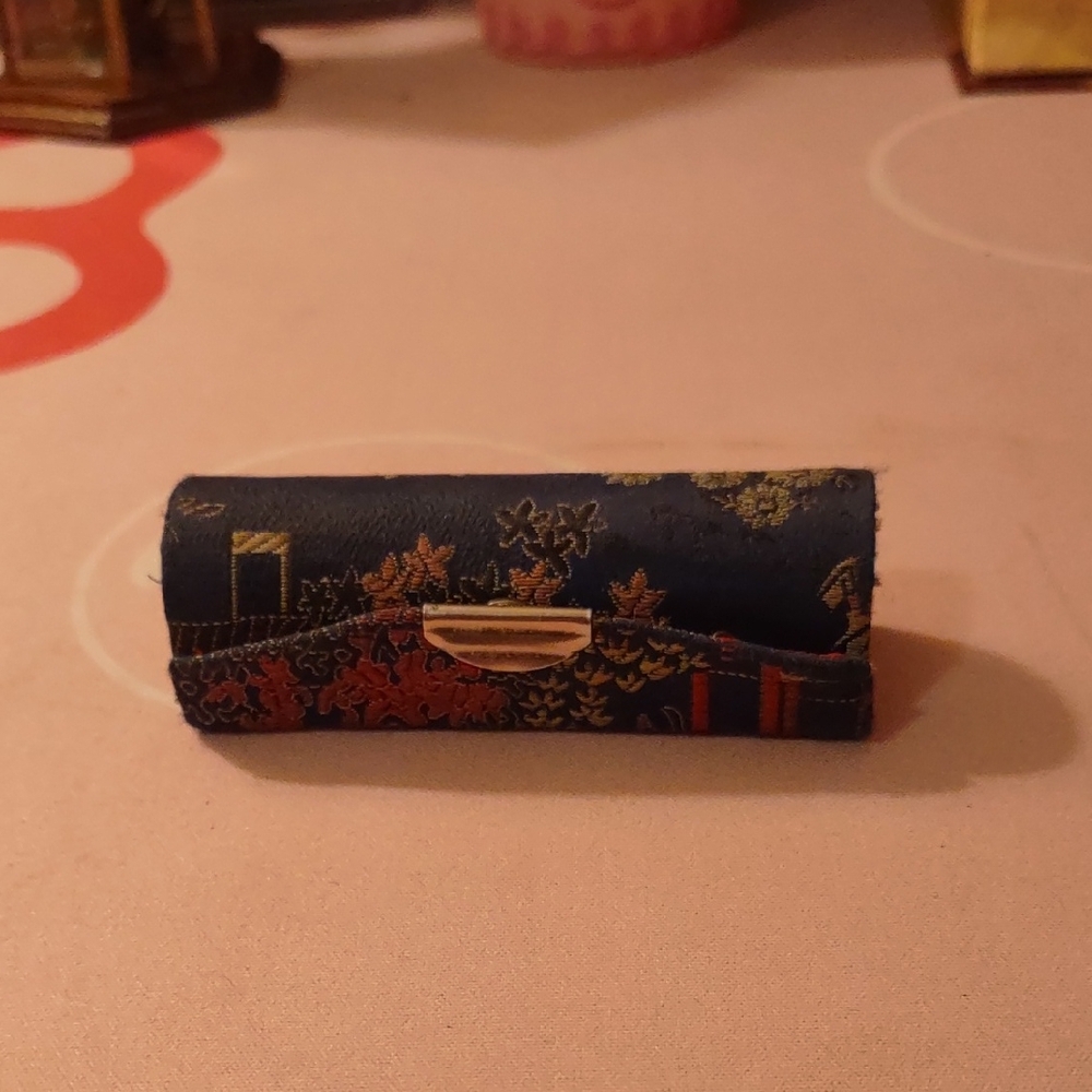 Vintage Elegant Blue and Gold Floral Lipstick Case W Compact Mirror